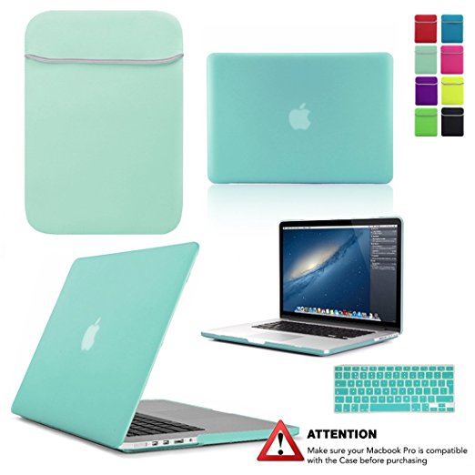 LOVE MY CASE / BUNDLE EGG BLUE / OCEAN GREEN Hard Shell Case with matching KEYBOARD Skin and NEOPRENE Sleeve Cover for 13-inch Apple MacBook PRO with Retina Display (Models: A1502 / A1425) [Will only fit MacBook PRO with Retina Display Models - NO CD/DVD DRIVE - Will not fit 2016 MacBook Pro]