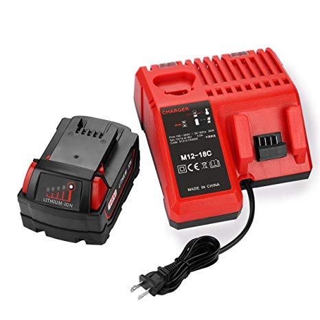 ANTRobut 18V 5000mAh replacement for Milwaukee 18volt LITHIUM XC 5.0 Ah Battery (1 Pack) & Milwaukee 12V/18V XC Starter Kit Lithium-ion Battery Charger for Milwaukee