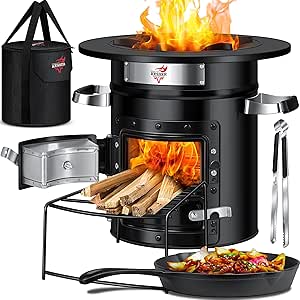 KESSER® Raketenofen mit Grillpfanne aus Gusseisen | inkl. Grillzange & Tragetasche | Dutch Oven 6 integrierte Spikes | BBQ Rakete Holzofen Camping Outdoor-Campingkocher Campinggrill Edelstahl Schwarz