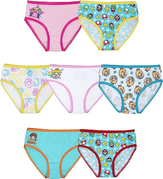 Nintendo Girls' Princess Peach, Daisy, Yoshi, Super Mario and Luigi 7-10Pack 100% Combed Cotton Underwear Available in Size 4, 6, and 8, MarioGirls7pk