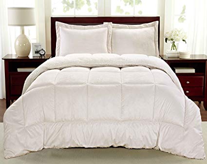 Cathay Home Fashions Reversible Faux Fur and Sherpa 3 Piece Comforter Set, Full, Ivory