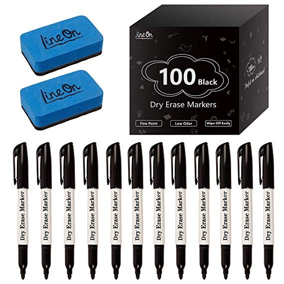 Dry Erase Markers, Lineon 100 Bluk Pack Black Whiteboard Markers with 2 Eraser, Fine Point Dry Erase Markers Perfect For Writing on Whiteboards, Dry-Erase Boards,Mirrors for School Office Home