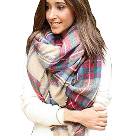 ABC® Women Scarf, Plaid Cozy Checked Scarf Women Lady Blanket Oversized Tartan Wrap Shawl