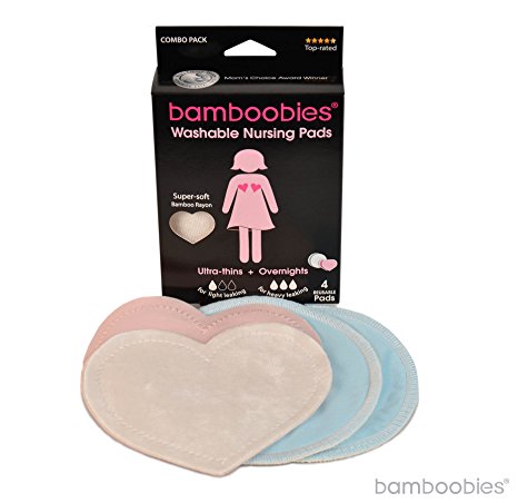 bamboobies Washable Reusable Nursing Pads with Leak-Proof Backing for Breastfeeding, 1 Regular Pair and 1 Overnight Pair, 4 Count