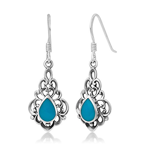 925 Sterling Silver Bali Inspired Gemstone Filigree Dangle Hook Earrings