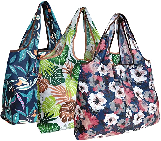 alldyrew Large Foldable Tote Nylon Reusable Grocery Bag, 3 Pack, Greenhouse