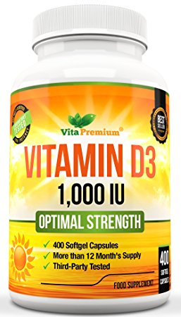 Vitamin D3 400 Softgels (More than 1 Year Supply) 1000IU Vitamin D Supplement, 3rd Party Certified for Potency, High Absorption Cholecalciferol by VitaPremium