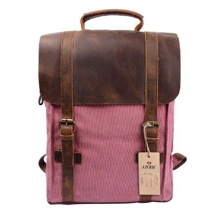 S-ZONE Unisex Vintage Canvas Genuine Leather Travel School Bags 156 Laptop Backpack Rucksack Daypack Pink