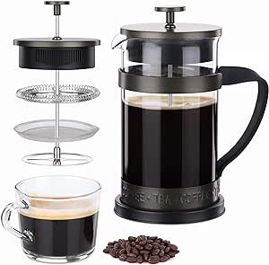 Navaris French Press Coffee Maker - 1000ml 8 Cups Cafetiere Espresso Presser with Coffee Plunger, Filter, Borosilicate Glass Jug, Handle - Brown