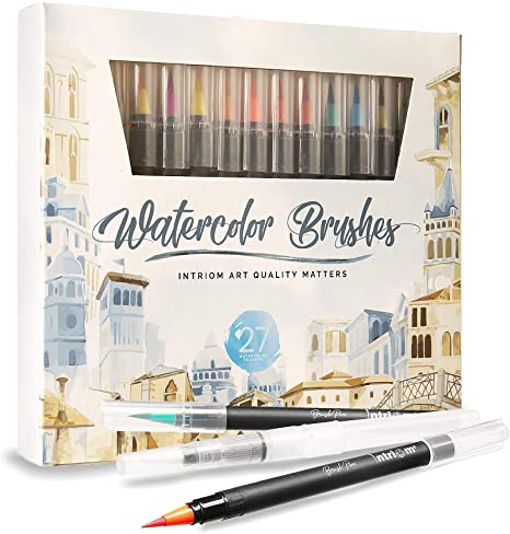 Intriom Watercolor Brush Pens Assorted Set Colored 27   3 Watercolor Brush Pens  8 Watercolor Paper Complete Art Supply Coloring & Inking Markers W/Real Brush Tips & Carrying Case Nontoxic (27)