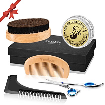 Beard Care Grooming Kit for Men - Boar Bristle Beard Brush, Wooden Comb, Natural Beard Balm Butter Wax, Barber Mustache Trimming Scissors, Beard Shaping Styling Tool - Gift Idea for Father's Day