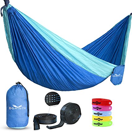 Double Hammock, XL, Fits 2 (up to 400 lbs.) for Outdoors, Camping, Hiking, Beach, Yard, Top Quality Parachute Nylon, Weather Resistant, 118" L x 78" W - 2 Bonuses. (Blue or Bright Orange) by Donidin