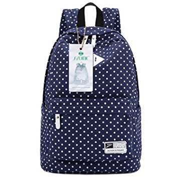 S-ZONE Lightweight Casual Daypack Canvas Polka Dot Backpack 14"-15" Laptop PC School Bag for Teenage Girls