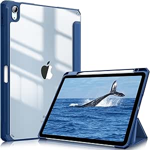 Fintie Hybrid Slim Case for iPad Air 11-inch M2 (2024), iPad Air 5th Generation (2022) / iPad Air 4th Gen (2020) 10.9 Inch -Shockproof Cover with Clear Back Shell & Pencil Holder, Navy Blue