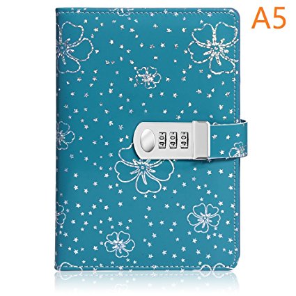 PU Leather Notebook Journal with Lock, A5 Size, Floral Password Notebook with Combination Lock Student Diary Notepad (Green)