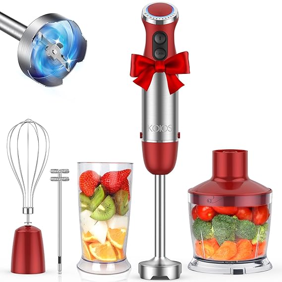 KOIOS Powerful 500 Watt Hand Blender Setting 6-12 Variable Speeds,4-in-1 Immersion Blender Includes Food Processor, BPA-Free Beaker and Stainless Steel Egg Whisk - Rose Red