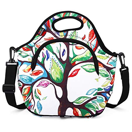 Insulated Lunch Bag, Nuovoware Neoprene Lunch Tote Reusable Picnic Bag Soft Thermal Cooler Tote Multi-purpose Grocery Container with Adjustable Crossbody Strap and Front Zipper Pockets, Lucky Tree