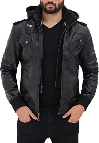 Black Bomber Leather Jacket Men - Genuine Lambskin Hooded Brown Leather Jackets for Men