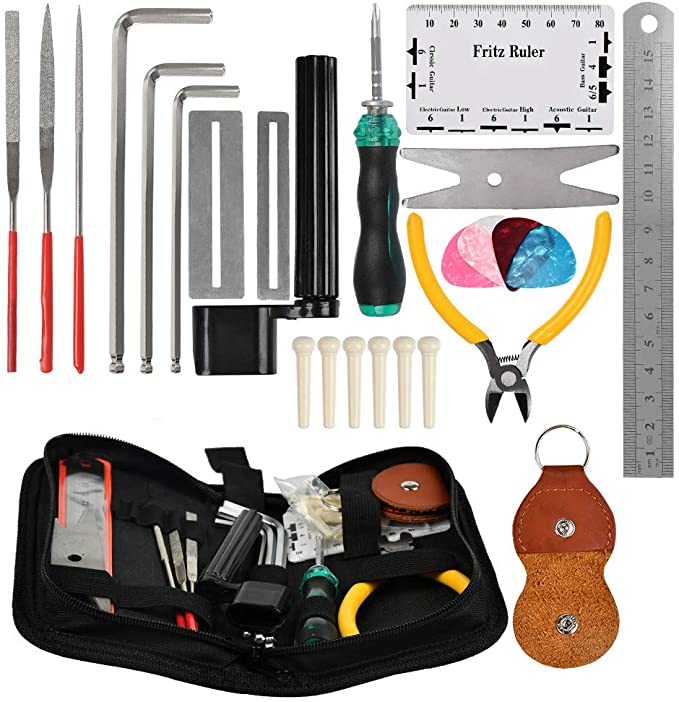 TIMESETL 26 Pcs Guitar Tool Kit Repairing Maintenance Tools Including Wire Plier, String Organizer, Fingerboard Protector, Hex Wrenches, Files, String Action Ruler, Spanner Wrench, Bridge Pins for Guitar Ukulele Bass