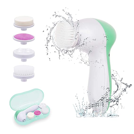 Waterproof facial cleansing brush set with 4 interchangeable facial brushes for deep cleansing, gentle exfoliation, blackhead removal, massage