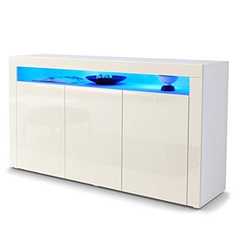 Vladon Sideboard Chest Drawers Valencia, Carcass in White matt/Front in Cream High Gloss a frame in Cream High Gloss