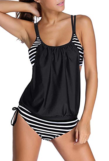 EVALESS Women Stripes Print Sporty Double Up Layered Two Piece Tankini Sets Swimsuits