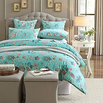 Brandream Teal Duvet Cover Set Floral Bedding King Size Ultra-Soft Breathable Egyptian Cotton Damask Duvet Cover Bedding Set(1 Duvet Cover   2 Pillow Shams)