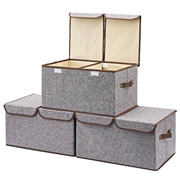 Storage Boxes, [3-Pack] EZOWare Large Linen Fabric Foldable Storage Cubes Bin Box Containers Drawers with Lid and Handles - Gray