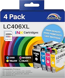 LC406XL Ink Cartridges for Brother Printer Compatible for Brother LC406 XL LC406XL Ink Cartridges Work with Brother MFC-J5855DW Ink MFC-J4335DW MFC-J5855DW MFC-J6955DW (Black, Cyan, Magenta, Yellow)