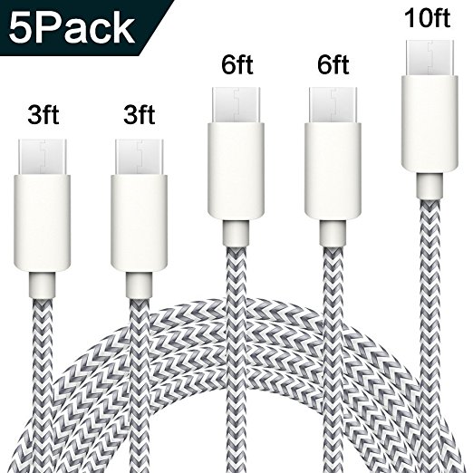USB C-C Cable, USB Type C Cable WUXIAN 5Pack(3ft,3ft,6ft,6ft,10ft)Nylon Braided USB 3.0 Type C (USB-C) to Type C Data Charging Cable(3A) for New Macbook, Chromebook Pixel, Nexus 5/6p, Lumia 950/ 950XL