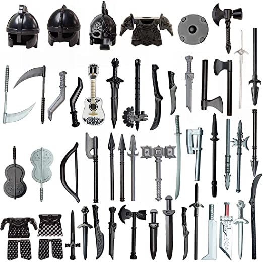 RuiyiF 51PCS Medieval Ancient Weapons Pack Accessories Kit for Action Figures, Military Weapons and Armor Set Toy Helmet Swords Beastplate for Building Block Figure, Compatible with Major Brand