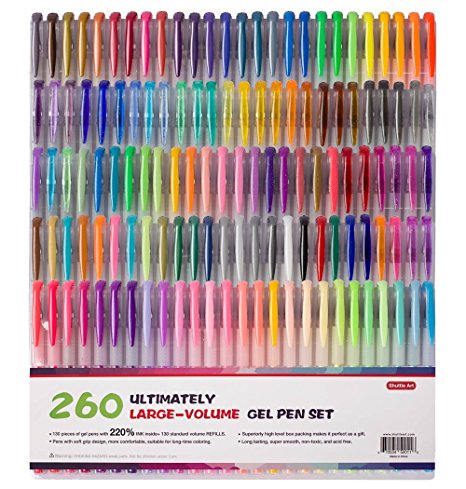 Shuttle Art 260 Colors Gel Pens Set 220% Ink Gel Pen for Adult Coloring Books Art Markers 130 Colored Gel Pens plus 130 Refills