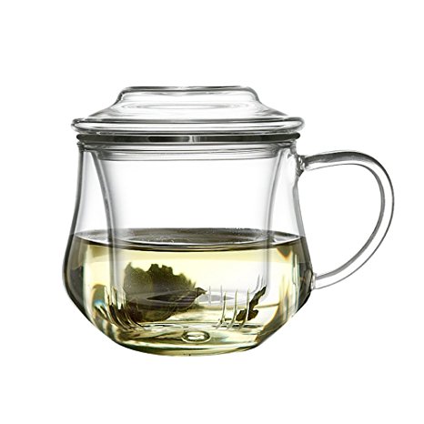 Zen Room Borosilicate Glass Tea Cup with Infuser and Lid/Portable Glass Tea Pot and Tea Maker/ Heat Resistant and Dishwasher Safe (12oz Single Glass)