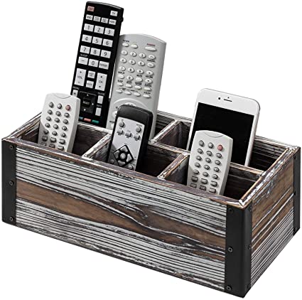 MyGift Rustic Torched Wood 5-Compartment Remote Control Holder, Media Storage Organizer Caddy with Black Metal Corner Wraps