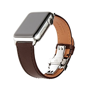 Apple Watch Band, French Barenia Premium Leather Strap with Stainless Steel Clasp for all 42mm Apple Watch Models by SONAMU New York, Espresso