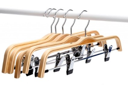 J.S. Hanger Natural Finish Wooden Pant Hangers with Anti-rust Hook and 2-Adjustable Clips, 5-Pack