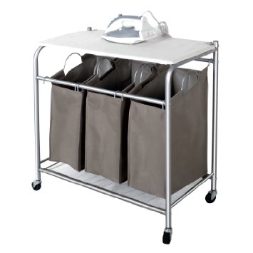 StorageManiac 3 Lift-off Bags Laundry Sorter with Foldable Ironing Board Multifunctional Laundry Cart