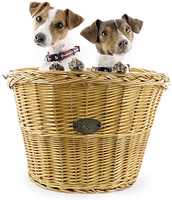 Assateague Large Willow Bicycle Basket for Dogs - Hand Crafted by Beach and Dog Co - Handlebar Bracket and Leashes Included
