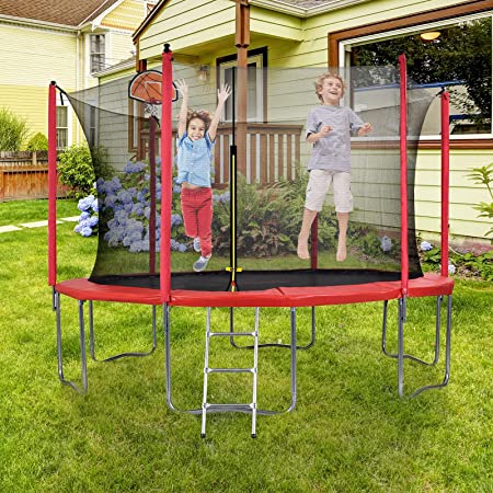 JOYMOR 12 14Ft Trampoline with PVC Safety Enclosure Net, Exercise Trampoline with Basketball Hoop and Ladder, Recreational Trampoline for All Ages with Heavy Duty Frame and Safety Pad (12FT)