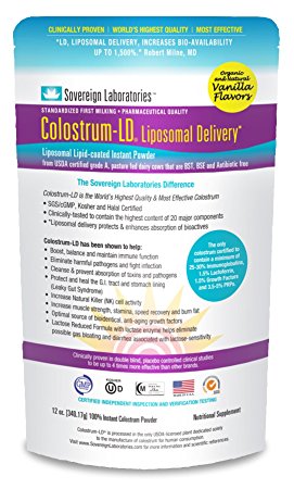 Organic Colostrum-LD Powder with Proprietary Liposomal Delivery (LD) Technology for up to 1500% Better Bioavailability than Regular Bovine Colostrum (Organic Vanilla, 12 Ounce)