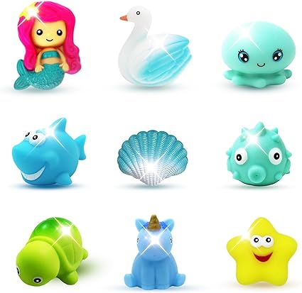 Light Up Bath Toys, 9pcs No Hole Mold Free Toddler Flashing Colourful Bathtub Mermaid Toy, Floating Rubber Shower Toy for 6 to 12 Months Infant Baby Age 1-3 Kids Boy Girl Birthday