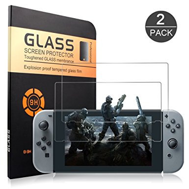 XUZOU Tempered Glass Screen Protector for Nintendo Switch 2017 (2-Pack), Switch Screen Protector Glass 0.26mm/9H Hardness/Bubble Free