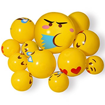 Emoji Inflatable Beach Balls, Emoji Kids Pool Party Toys Perfect For Water Games, 12 Pack Mixed Size Water Beach Party Supplies,Favors for Great Swimming & Summer Pool Party