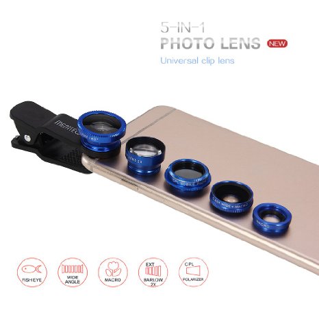 MEMTEQ® 5 in 1 Clip-On Photo Lens, 180 Degree Fisheye   0.65X Wide Angle   Macro   CPL Filter   2X Telephoto Lens, Camera Lens for iPhone 6 / 6 Plus, iPhone 5s 5c 5 4s 4, Samsung, iPad mini / air (Blue)