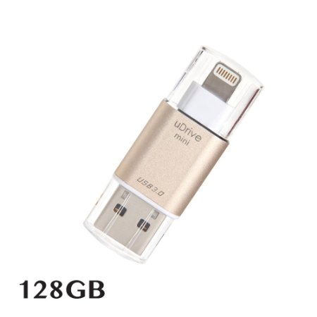 [Apple MFi Certified] USB 3.0 Flash Drive for iPhone iPad, GMYLE Mini External Storage Memory Expansion USB Stick with Lightning Connector (128GB) (Gold)