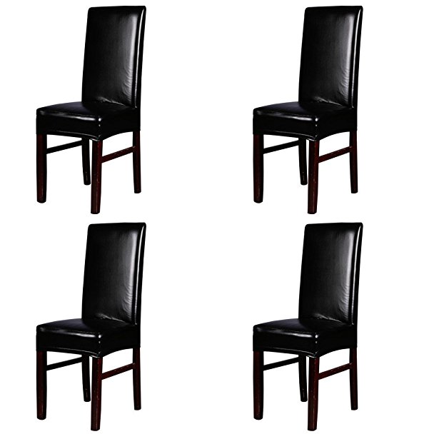 Dining Chair Covers, My Decor Solid Pu Leather Waterproof Stretch Dining Chair Protctor Cover Slipcover, Black, 4 Pack