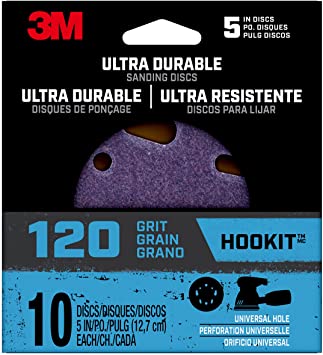 3M Ultra Durable 5 inch Power Sanding Discs, Universal Hole, 120 Grit, 10/Pack