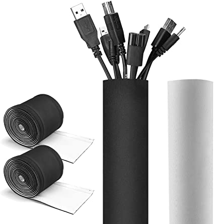JOTO 130" Cable Management Sleeve[2 Packs], Cuttable Neoprene Cord Organizer System, Flexible Cable Wrap Cover Wire Hider for Desk TV Computer Office Home Theater -Black, Large
