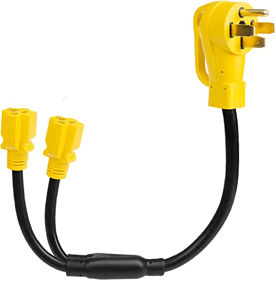 Iron Forge Cable 50 Amp to 15 Amp RV Y Adapter Power Cord - 10/3 STW 14-50P Male Plug to Two 5-15R Female Electrical Receptacles, Yellow