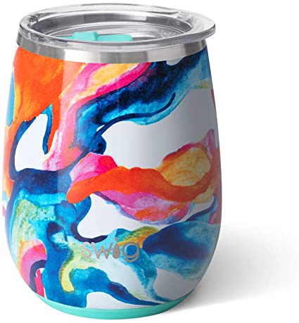 Swig Life 14oz Triple Insulated Stainless Steel Stemless Wine Tumbler with Slider Lid, Dishwasher Safe, Vacuum Insulated Travel Wine Glass in Color Swirl Print (Multiple Patterns Available)